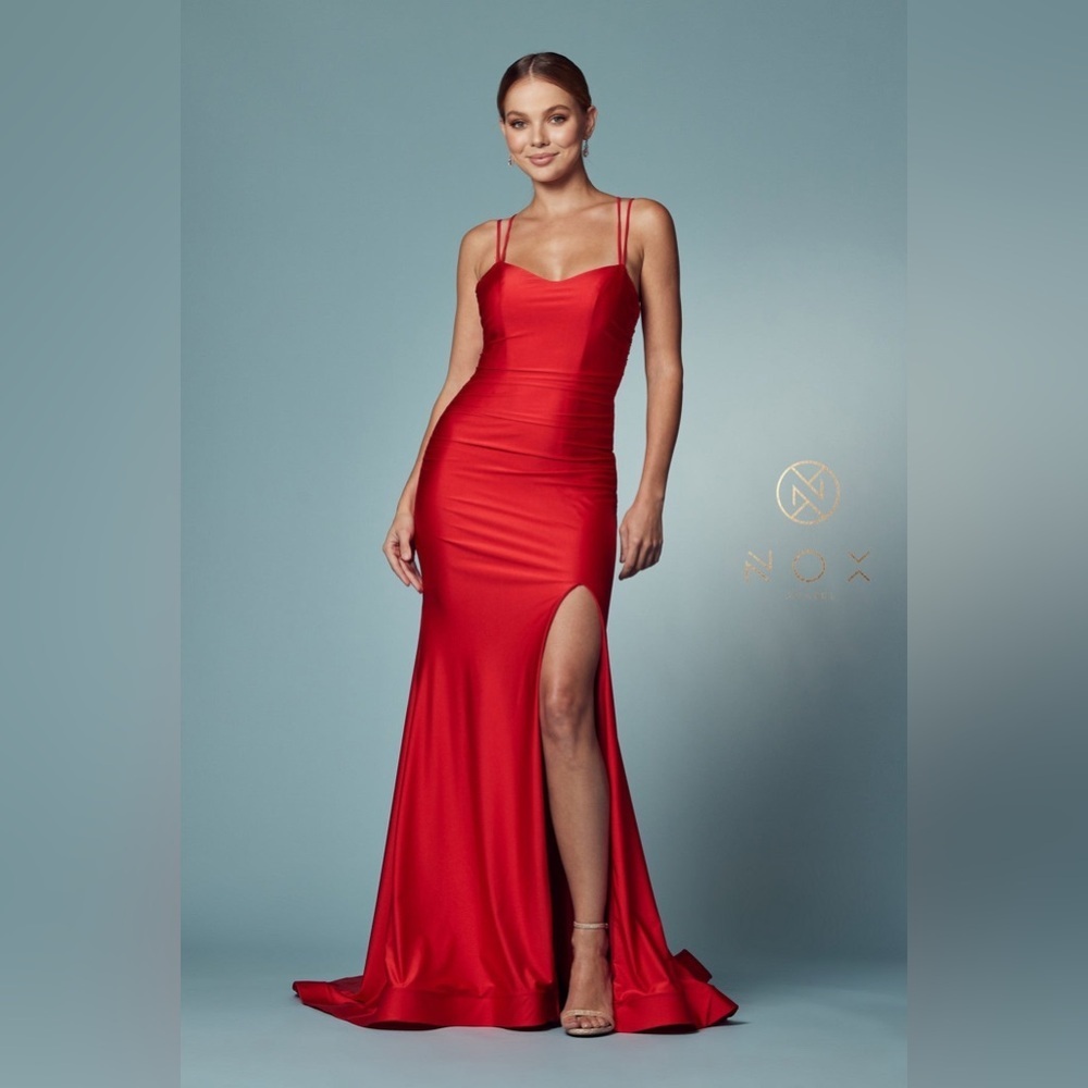 NWT Nox Anabel T481 Long Fitted Jersey Prom Dress Backless Corset Slit Red sz 4